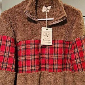Quarter Zip Brown Fleece and Red Plaid Pullover, Size Small, Grace and Emma